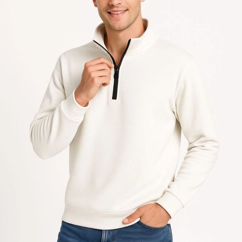 Erkek Dik Yaka Yarım Fermuarlı 3 İplik Pamuklu Sweatshirt - Beyaz Erkek Dik Yaka Yarım Fermuarlı 3 İplik Pamuklu Sweatshirt - Beyaz