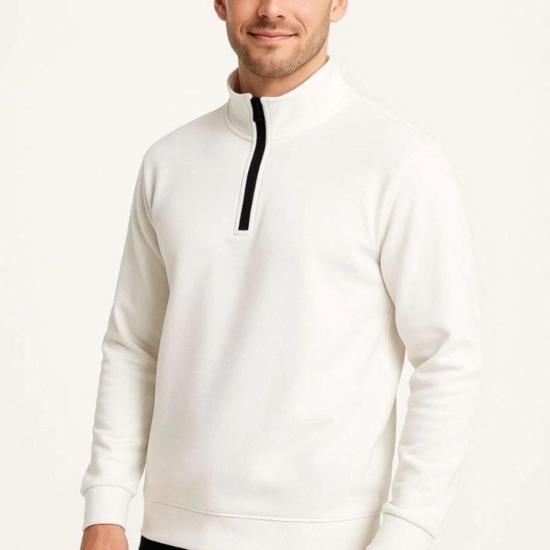 Erkek Dik Yaka Yarım Fermuarlı 3 İplik Pamuklu Sweatshirt - Beyaz Erkek Dik Yaka Yarım Fermuarlı 3 İplik Pamuklu Sweatshirt - Beyaz