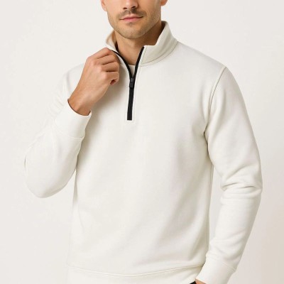Erkek Dik Yaka Yarım Fermuarlı 3 İplik Pamuklu Sweatshirt - Beyaz Erkek Dik Yaka Yarım Fermuarlı 3 İplik Pamuklu Sweatshirt - Beyaz
