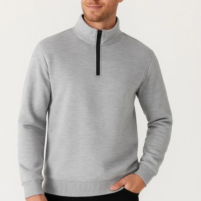 Erkek Dik Yaka Yarım Fermuarlı 3 İplik Pamuklu Sweatshirt - Gri Erkek Dik Yaka Yarım Fermuarlı 3 İplik Pamuklu Sweatshirt - Gri