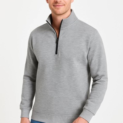 Erkek Dik Yaka Yarım Fermuarlı 3 İplik Pamuklu Sweatshirt - Gri Erkek Dik Yaka Yarım Fermuarlı 3 İplik Pamuklu Sweatshirt - Gri