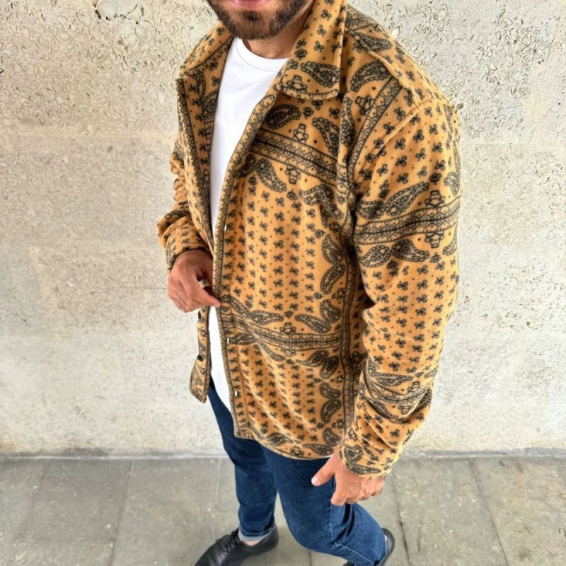 Erkek Düğmeli Gömlek Polar Sweatshirt Yumuşak Dokulu Oversize Kalıp -Sarı Erkek Düğmeli Gömlek Polar Sweatshirt Yumuşak Dokulu Oversize Kalıp -Sarı