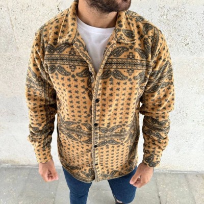 Erkek Düğmeli Gömlek Polar Sweatshirt Yumuşak Dokulu Oversize Kalıp -Sarı Erkek Düğmeli Gömlek Polar Sweatshirt Yumuşak Dokulu Oversize Kalıp -Sarı