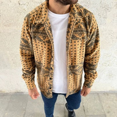 Erkek Düğmeli Gömlek Polar Sweatshirt Yumuşak Dokulu Oversize Kalıp -Sarı Erkek Düğmeli Gömlek Polar Sweatshirt Yumuşak Dokulu Oversize Kalıp -Sarı