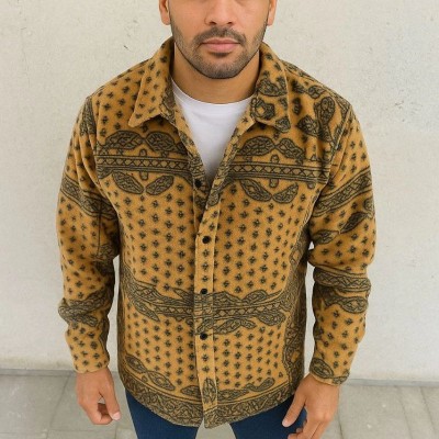 Erkek Düğmeli Gömlek Polar Sweatshirt Yumuşak Dokulu Oversize Kalıp -Sarı Erkek Düğmeli Gömlek Polar Sweatshirt Yumuşak Dokulu Oversize Kalıp -Sarı