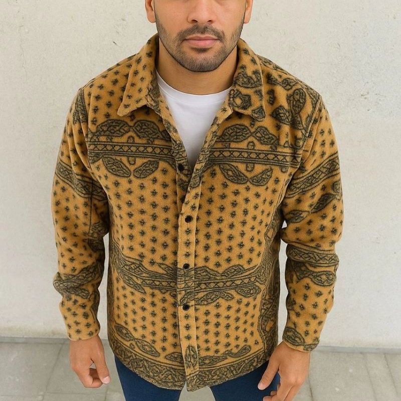 Erkek Düğmeli Gömlek Polar Sweatshirt Yumuşak Dokulu Oversize Kalıp -Sarı Erkek Düğmeli Gömlek Polar Sweatshirt Yumuşak Dokulu Oversize Kalıp -Sarı