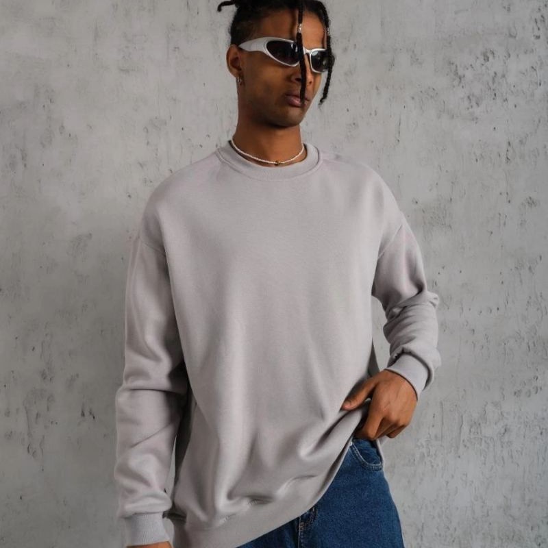 Erkek Düz Bisiklet Yaka 3 iplik Sweatshirt - Boyalı Gri