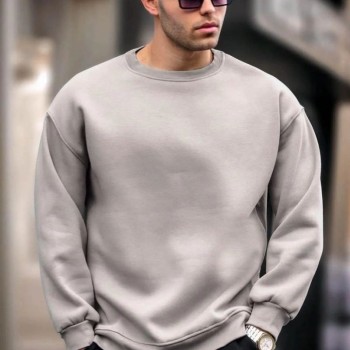 Erkek Düz Bisiklet Yaka 3 iplik Sweatshirt - Boyalı Gri