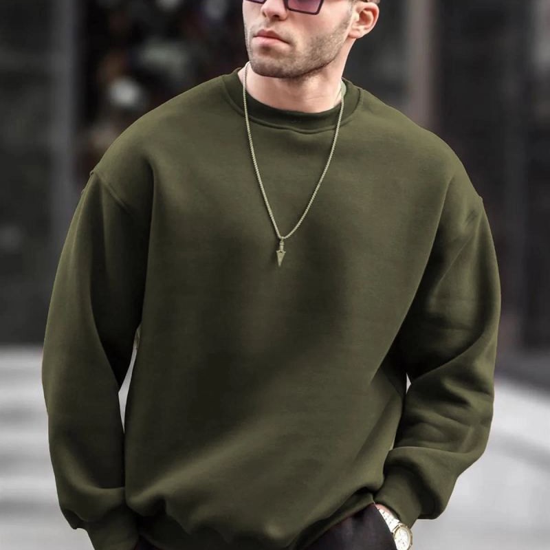 Erkek Düz Bisiklet Yaka 3 İplik  Sweatshirt - Yeşil