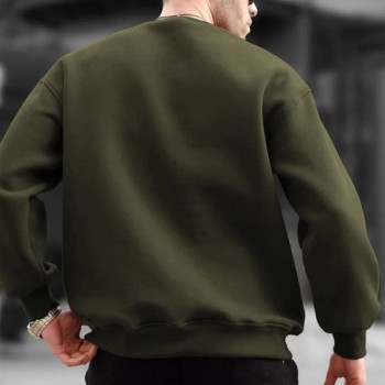 Erkek Düz Bisiklet Yaka 3 İplik  Sweatshirt - Yeşil