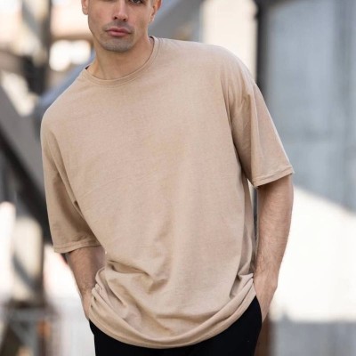Erkek Düz T-Shirt Kısa Kol Bisiklet Yaka Regular Fit Rahat Kalıp Günlük Tişört - Bej