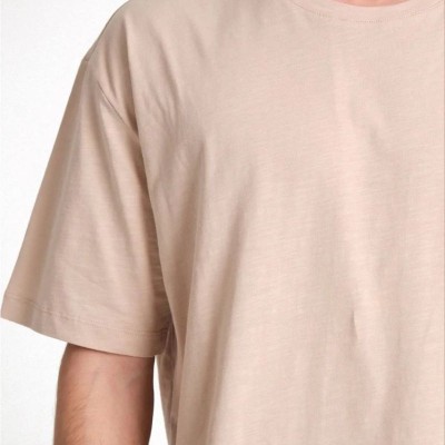 ERKEK Düz Tişört Bisikilet Yaka Kısa Kol Oversize T-shirt - Bej