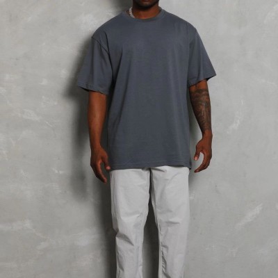 Erkek Düz Yazlık Kısa Kol Tişört Bisiklet Yaka Oversize T-Shirt - Füme