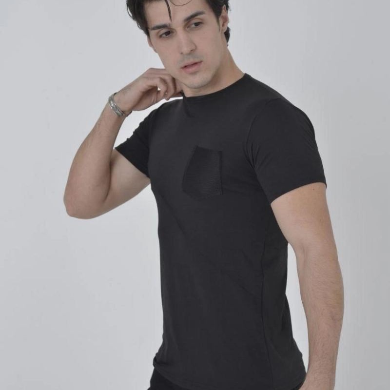 Erkek File Çepli T-Shirt Kısa Kol Bisiklet Yaka Slimfit Tişört - Siyah Erkek File Çepli T-Shirt Kısa Kol Bisiklet Yaka Slimfit Tişört - Siyah