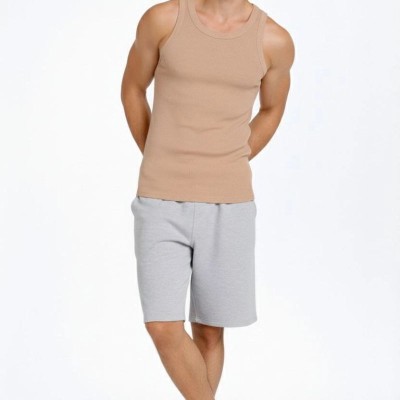 Erkek Fitilli Atlet Sıfır Yaka Slim Fit Arka Baskılı Spor Atlet - Bej Erkek Fitilli Atlet Sıfır Yaka Slim Fit Arka Baskılı Spor Atlet - Bej