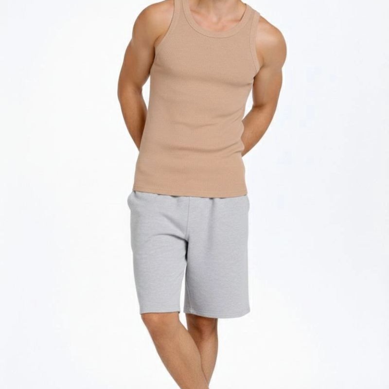 Erkek Fitilli Atlet Sıfır Yaka Slim Fit Arka Baskılı Spor Atlet - Bej Erkek Fitilli Atlet Sıfır Yaka Slim Fit Arka Baskılı Spor Atlet - Bej