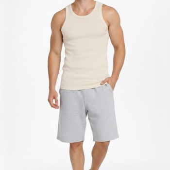Erkek Fitilli Atlet Sıfır Yaka Slim Fit Arka Baskılı Spor Atlet - Krem