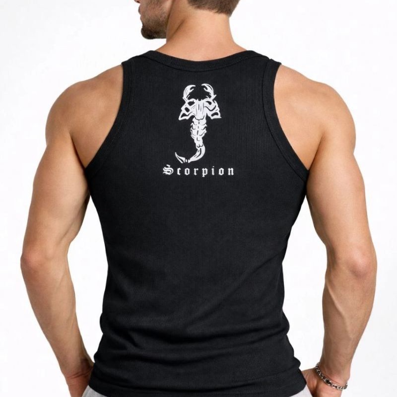 Erkek Fitilli Atlet Sıfır Yaka Slim Fit Arka Baskılı Spor Atlet - Siyah