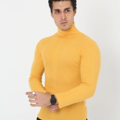 Erkek Fitilli Kaşkorse Kumaş Boğazlı Full Likralı Slimfit Body - Sarı