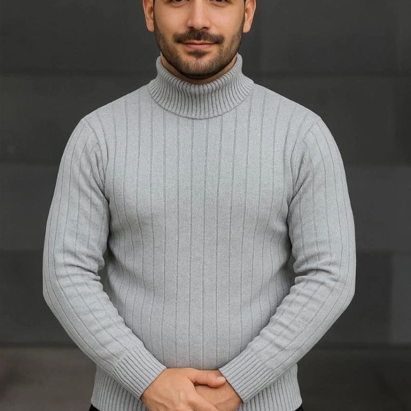 Erkek Fitilli Kazak Tam Boğazlı Balıkçı Yaka Triko 2'li Set Gri-Siyah