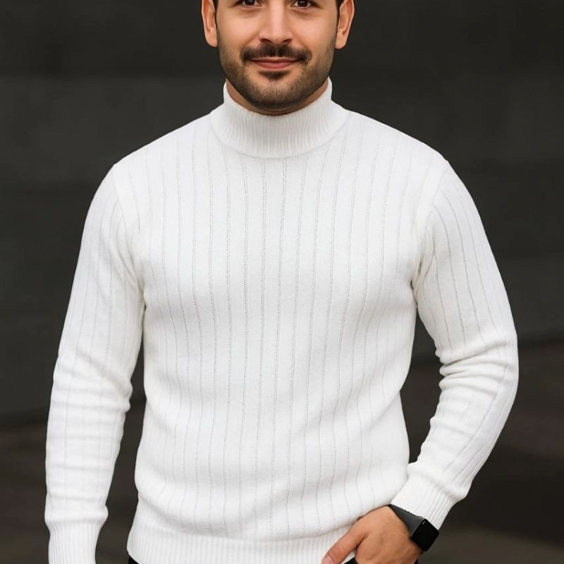 Erkek Fitilli Kazak Tam Boğazlı Balıkçı Yaka Triko 3'lü Set Beyaz-Gri-Siyah
