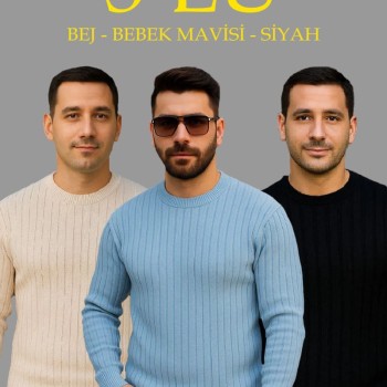 Erkek Fitilli Triko Bisiklet Yaka Kalın Kazak 3'lü Set Bej-Bebek Mavisi-Siyah