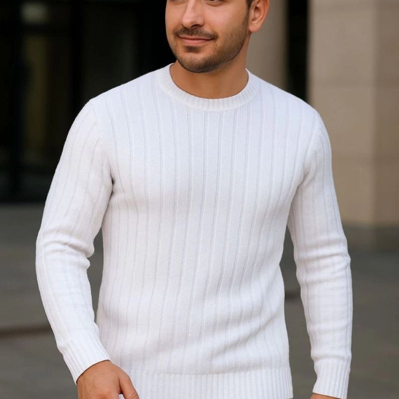 Erkek Fitilli Triko Bisiklet Yaka Kalın Kazak 3'lü Set Beyaz-Saks Mavisi-Siyah