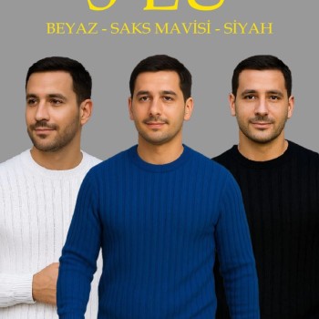 Erkek Fitilli Triko Bisiklet Yaka Kalın Kazak 3'lü Set Beyaz-Saks Mavisi-Siyah