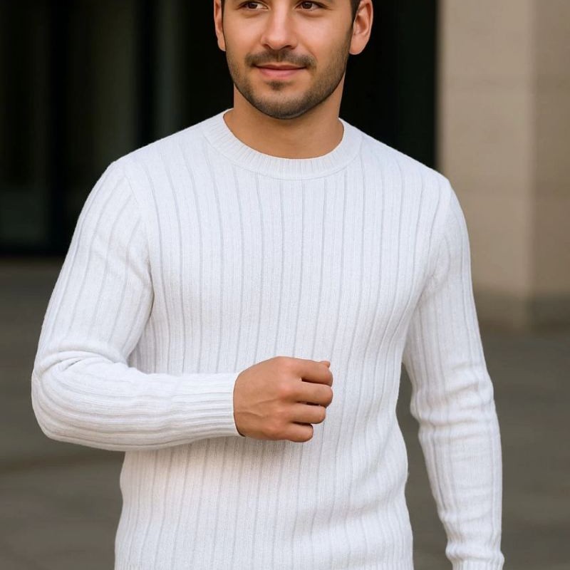 Erkek Fitilli Triko Bisiklet Yaka Kalın Kazak 3'lü Set Beyaz-Saks Mavisi-Siyah
