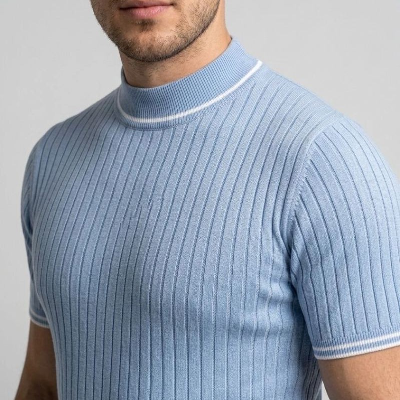 Erkek Fitilli Triko Dokuma Kısa Kol Tişört Yarım Boğaz Modern Yazlık T-Shirt - Bebe Mavisi Erkek Fitilli Triko Dokuma Kısa Kol Tişört Yarım Boğaz Modern Yazlık T-Shirt - Bebe Mavisi