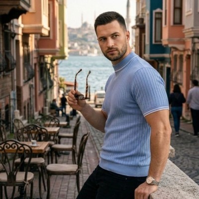 Erkek Fitilli Triko Dokuma Kısa Kol Tişört Yarım Boğaz Modern Yazlık T-Shirt - Bebe Mavisi Erkek Fitilli Triko Dokuma Kısa Kol Tişört Yarım Boğaz Modern Yazlık T-Shirt - Bebe Mavisi
