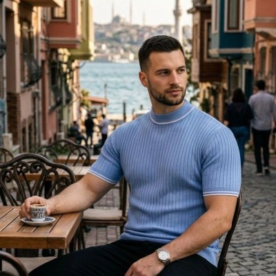 Erkek Fitilli Triko Dokuma Kısa Kol Tişört Yarım Boğaz Modern Yazlık T-Shirt - Bebe Mavisi Erkek Fitilli Triko Dokuma Kısa Kol Tişört Yarım Boğaz Modern Yazlık T-Shirt - Bebe Mavisi