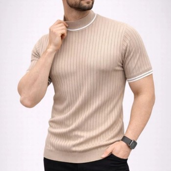 Erkek Fitilli Triko Dokuma Kısa Kol Tişört Yarım Boğaz Modern Yazlık T-Shirt - Bej