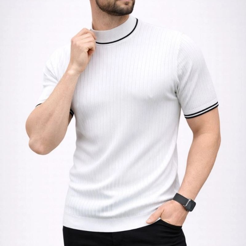 Erkek Fitilli Triko Dokuma Kısa Kol Tişört Yarım Boğaz Modern Yazlık T-Shirt - Beyaz Erkek Fitilli Triko Dokuma Kısa Kol Tişört Yarım Boğaz Modern Yazlık T-Shirt - Beyaz