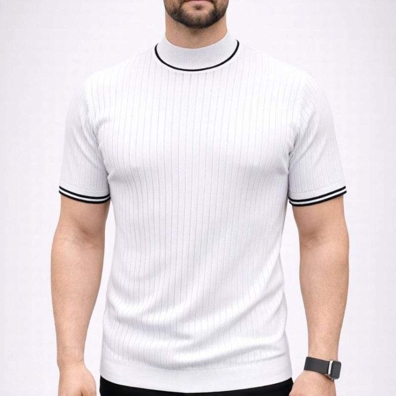 Erkek Fitilli Triko Dokuma Kısa Kol Tişört Yarım Boğaz Modern Yazlık T-Shirt - Beyaz Erkek Fitilli Triko Dokuma Kısa Kol Tişört Yarım Boğaz Modern Yazlık T-Shirt - Beyaz