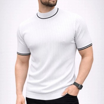 Erkek Fitilli Triko Dokuma Kısa Kol Tişört Yarım Boğaz Modern Yazlık T-Shirt - Beyaz
