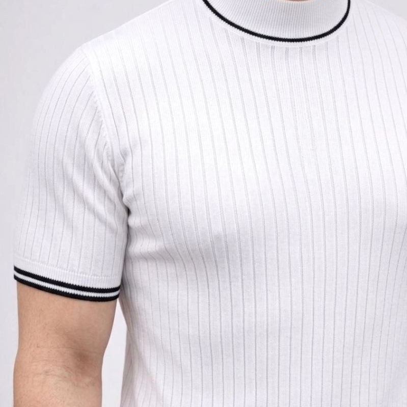 Erkek Fitilli Triko Dokuma Kısa Kol Tişört Yarım Boğaz Modern Yazlık T-Shirt - Beyaz Erkek Fitilli Triko Dokuma Kısa Kol Tişört Yarım Boğaz Modern Yazlık T-Shirt - Beyaz