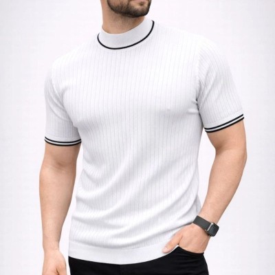Erkek Fitilli Triko Dokuma Kısa Kol Tişört Yarım Boğaz Modern Yazlık T-Shirt - Beyaz Erkek Fitilli Triko Dokuma Kısa Kol Tişört Yarım Boğaz Modern Yazlık T-Shirt - Beyaz