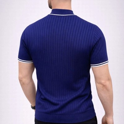 Erkek Fitilli Triko Dokuma Kısa Kol Tişört Yarım Boğaz Modern Yazlık T-Shirt - Lacivert Erkek Fitilli Triko Dokuma Kısa Kol Tişört Yarım Boğaz Modern Yazlık T-Shirt - Lacivert