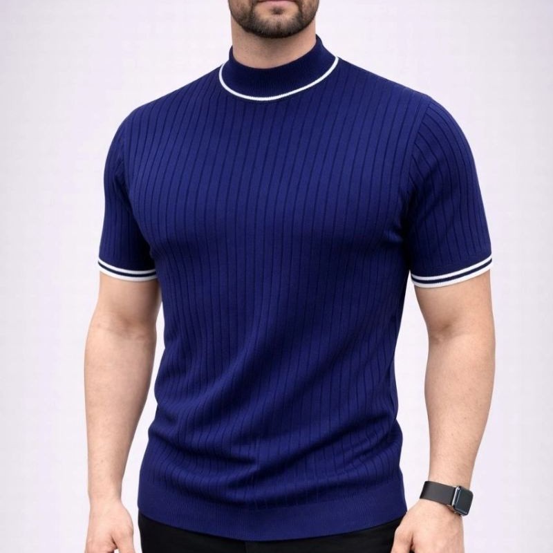 Erkek Fitilli Triko Dokuma Kısa Kol Tişört Yarım Boğaz Modern Yazlık T-Shirt - Lacivert Erkek Fitilli Triko Dokuma Kısa Kol Tişört Yarım Boğaz Modern Yazlık T-Shirt - Lacivert