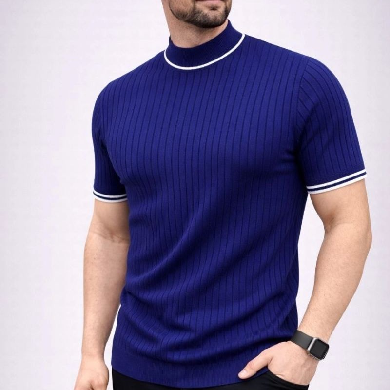 Erkek Fitilli Triko Dokuma Kısa Kol Tişört Yarım Boğaz Modern Yazlık T-Shirt - Lacivert Erkek Fitilli Triko Dokuma Kısa Kol Tişört Yarım Boğaz Modern Yazlık T-Shirt - Lacivert