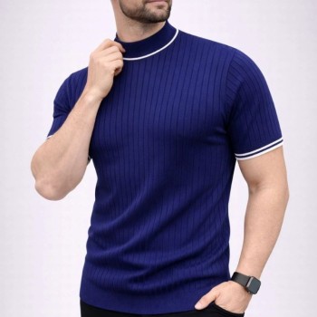 Erkek Fitilli Triko Dokuma Kısa Kol Tişört Yarım Boğaz Modern Yazlık T-Shirt - Lacivert