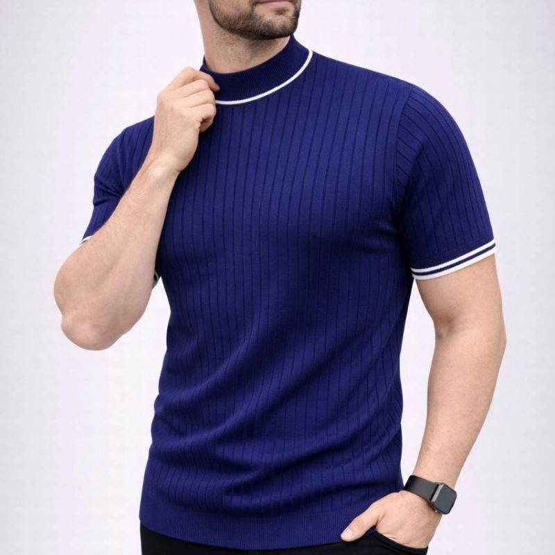 Erkek Fitilli Triko Dokuma Kısa Kol Tişört Yarım Boğaz Modern Yazlık T-Shirt - Lacivert Erkek Fitilli Triko Dokuma Kısa Kol Tişört Yarım Boğaz Modern Yazlık T-Shirt - Lacivert