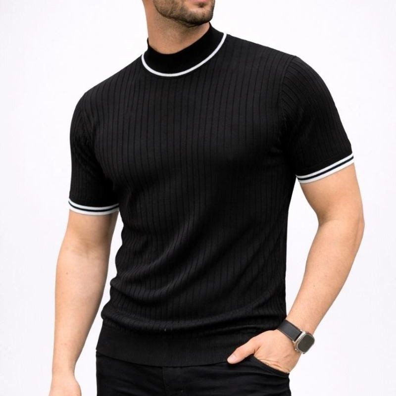 Erkek Fitilli Triko Dokuma Kısa Kol Tişört Yarım Boğaz Modern Yazlık T-Shirt - Siyah