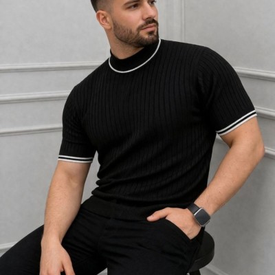 Erkek Fitilli Triko Dokuma Kısa Kol Tişört Yarım Boğaz Modern Yazlık T-Shirt - Siyah