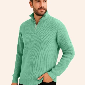 Erkek Fitilli Triko Kazak 2’li Set Mint Yeşili Siyah Kalın Dokuma Pamuklu Regular Fit V