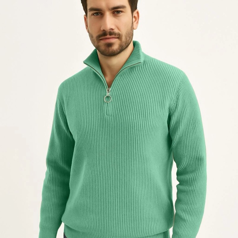 Erkek Fitilli Triko Kazak 2’li Set Mint Yeşili Siyah Kalın Dokuma Pamuklu Regular Fit V