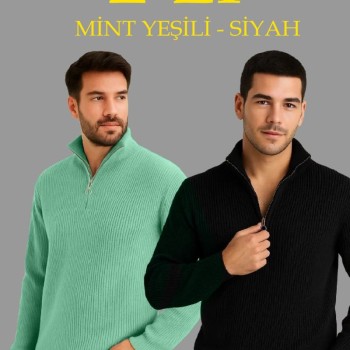 Erkek Fitilli Triko Kazak 2’li Set Mint Yeşili Siyah Kalın Dokuma Pamuklu Regular Fit V