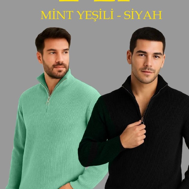 Erkek Fitilli Triko Kazak 2’li Set Mint Yeşili Siyah Kalın Dokuma Pamuklu Regular Fit V
