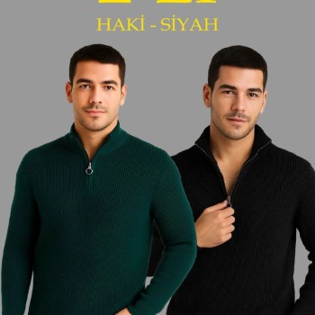 Erkek Fitilli Triko Kazak 2’li Set Siyah Haki Kalın Dokuma Pamuklu Regular Fit V Yaka